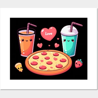 Pizza, Cola Drink and Milkshake in kawaii Style Art | Kawaii Food Lovers Posters and Art